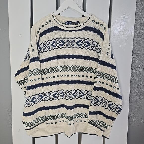 American Weekend Men XL Sweater Cream Blue Nordic Grandpacore Cabin 90s Prep Ski - Picture 1 of 6
